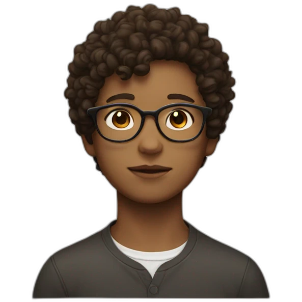 head of a boy with brown curly short hair and white glasses with a dark cat emoji