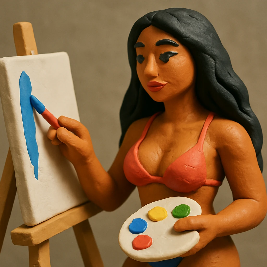 sexy tanned woman artist with long black hair, painting at an easel, holding a paint palette and brush, in claymation style emoji