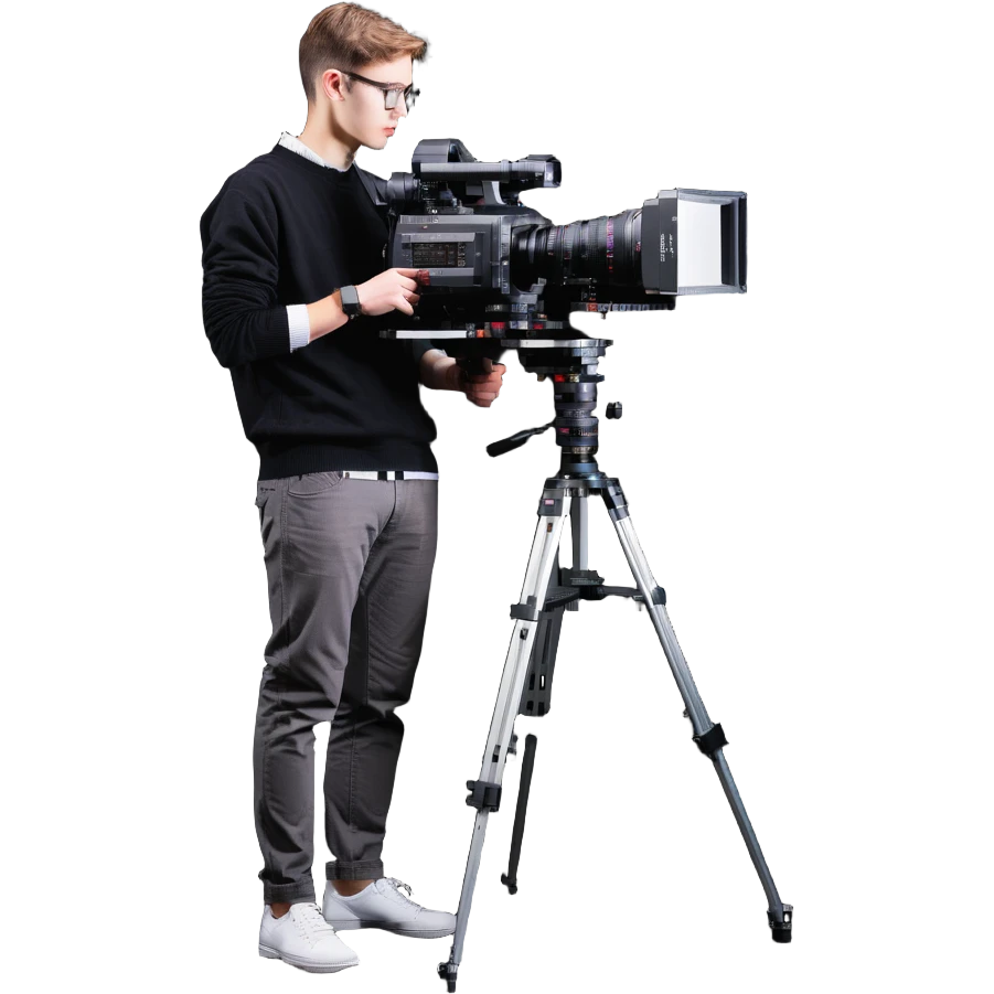cinéaste de profil ou 3/4 tenant une vraie caméra broadcast professionnelle, œil dans l’œilleton, cadrant devant lui, personnage entier de la tête aux pieds emoji