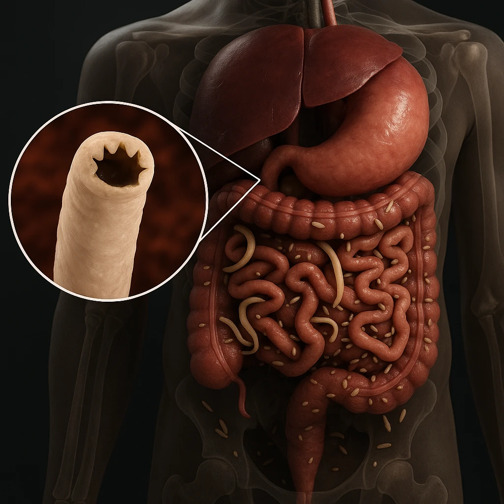 Hyperrealistic 4K anatomical view of a human body, focusing on the intestine infested with clearly visible parasites such as worms and larvae. Include a detailed close-up of one parasite. The atmosphere is clinical, referencing diseases and tumors risk. Emphasize medical accuracy and detail. emoji