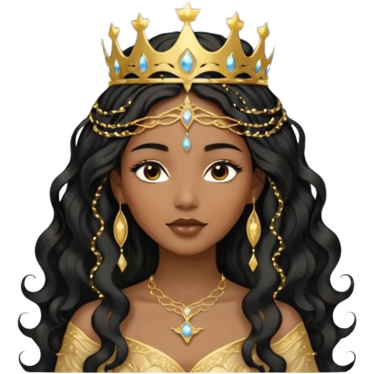 a black beautiful angel with gold pattern on her face and and long wavy black hair, she wears a ethereal crown with sparkling strings and a beautiful sparkling golden gown with moon crest in the middle of the gown, her face calm, gentle and kind, magical aura around her emoji