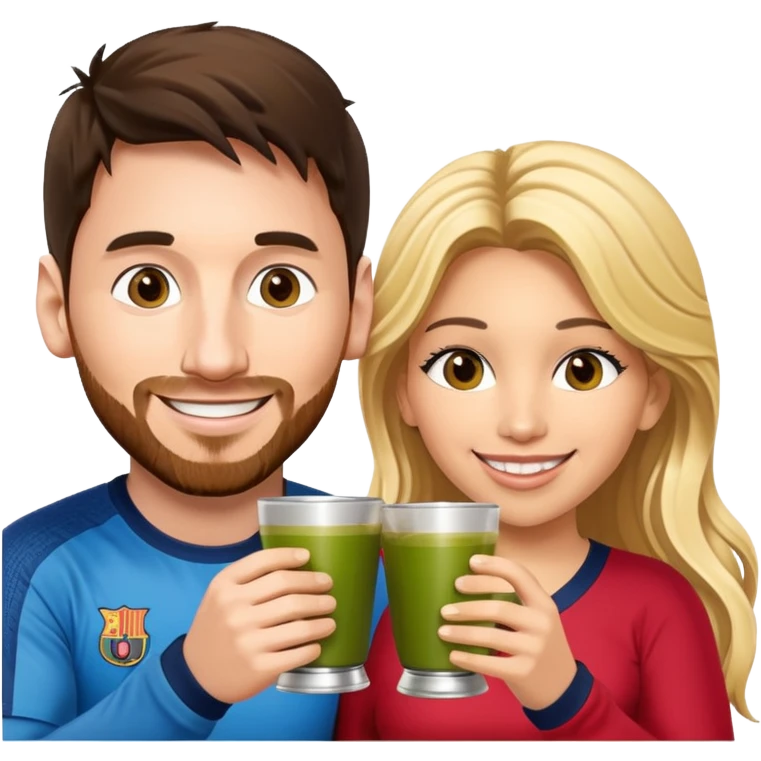 emoji-style illustration of Lionel Messi and Shakira smiling at each other, both holding traditional yerba mate cups, about to make a cheerful toast, friendly, happy, expressive cartoon faces, bright colors, fun vibe emoji