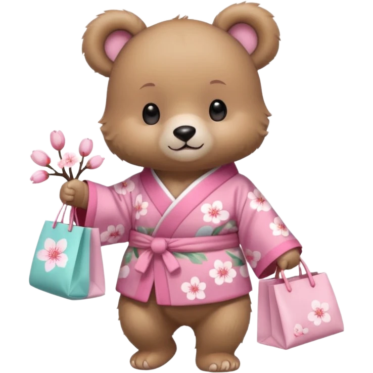 A cute baby bear character in pastel style, standing upright like a human. 
Light brown soft fur, large round ears, rounded paws and feet. 
Wearing a pink kimono with soft cherry blossom patterns on the sleeves and bottom, Holding a cute pastel shopping bag with one paw, walking pose. emoji