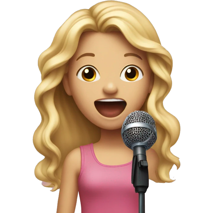 An emoji of a young girl with long blonde hair, holding a microphone and singing passionately, with a joyful expression on her face emoji
