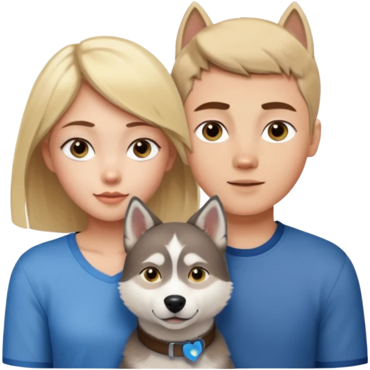 ragazza bionda occhi gialli capelli lisci biondo che abbraccia un husky occhi azzurri e un ragazzo bruno capelli corti e rasati occhi castani emoji