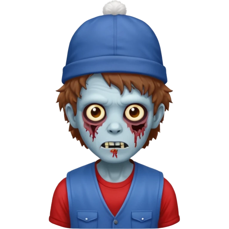 brown fluffy hair zombie with blue and white hat dark blue jilet red t shirt emoji