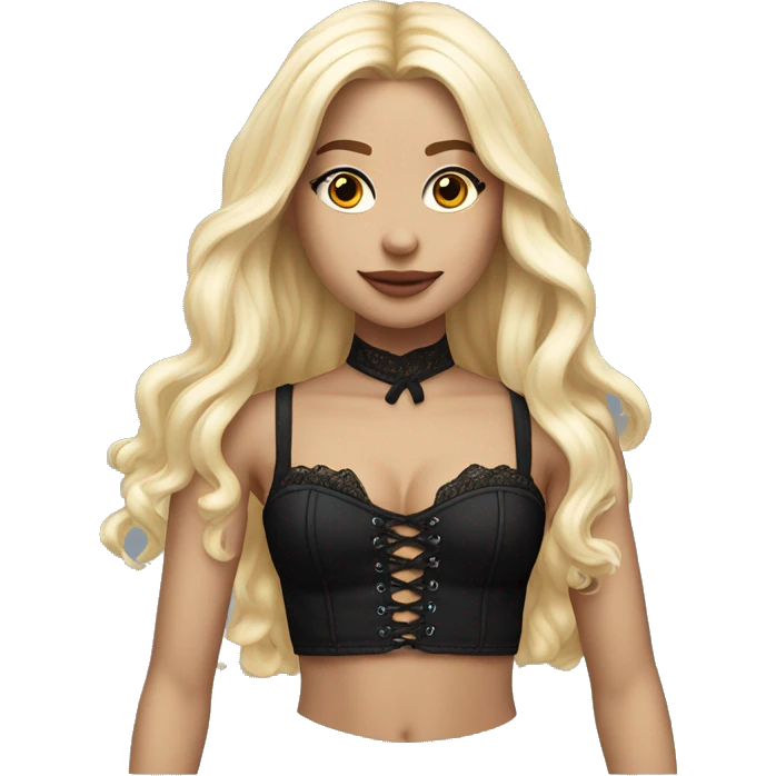 hyperrealistic pale blonde female, long straight hair, black lace-up crop bustier, full body view emoji