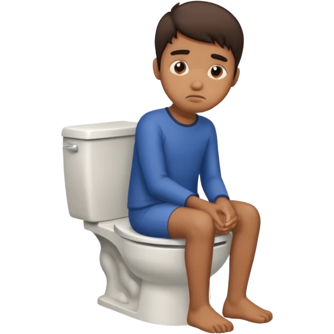 a brown boy sitting on a toilet with strained face emoji