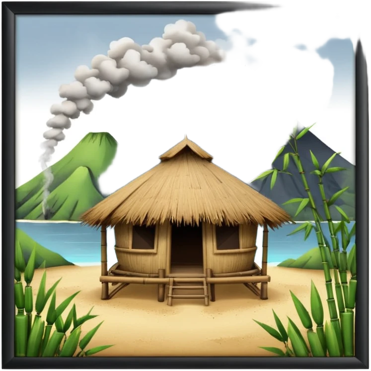 bamboo hut with volcano in the back emoji