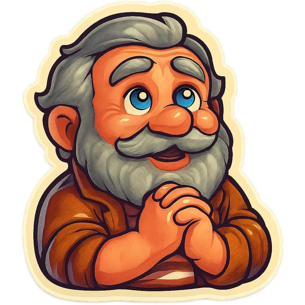 A dwarf with gray hair, a gray mustache, a gray beard, and gray eyebrows. He has blue eyes and wrinkles on his forehead. He is wearing a striped t-shirt and a brown jacket. The dwarf is displaying an admiration emotion. emoji
