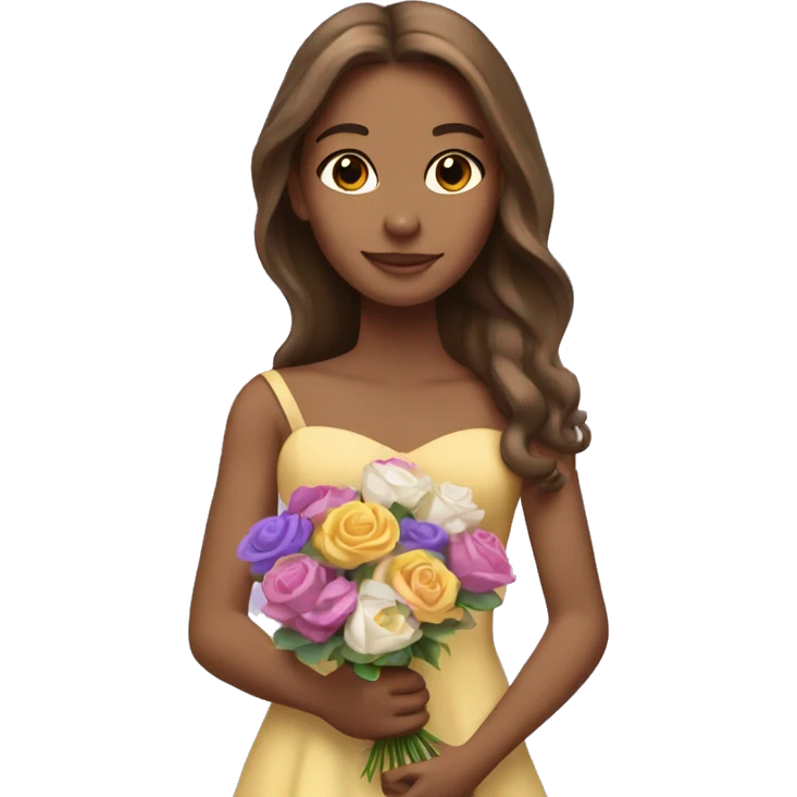 Tan princess with long brown hair holding bouquet of flowers purple pink white yellow emoji