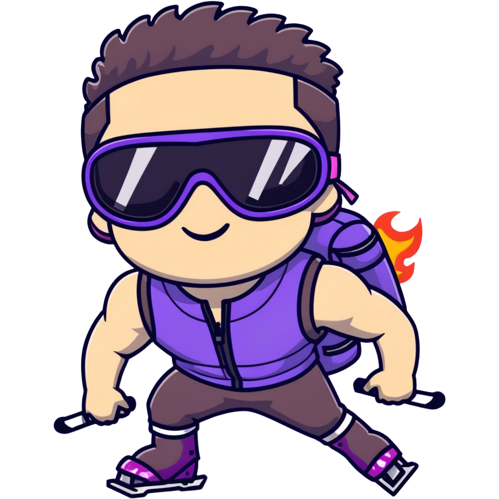 close-up of bad guy male athlete with white skin and moderately curly dark brown hair on top with shaved sides, wearing ski goggles with purple frames and very dark black lenses, a simple plain black chain necklace, and a completely unzipped sleeveless vest with purple and black sequin fire pattern design with no logo, pulling his tongue out very far in an exaggerated mocking gesture, looking menacing and villainous emoji