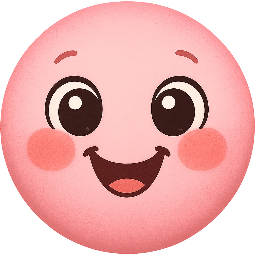 a new cute pink emoji, original design, round shape, big eyes, blushing cheeks, joyful expression emoji