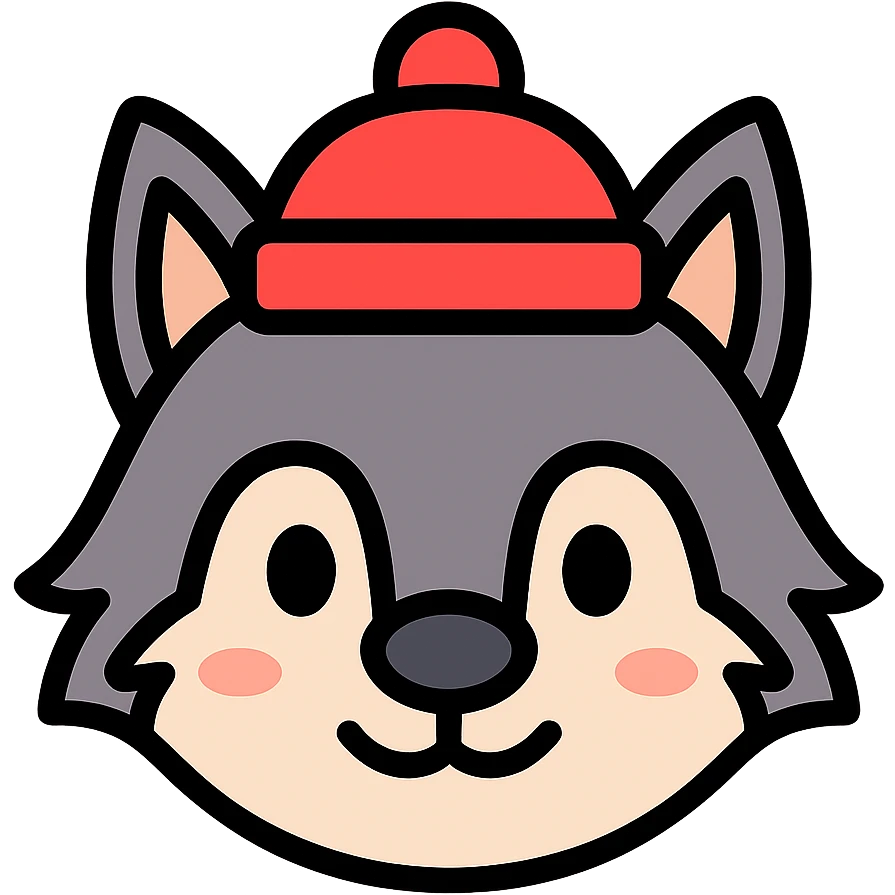 cute wolf wearing a red hat, simple and modern icon style emoji