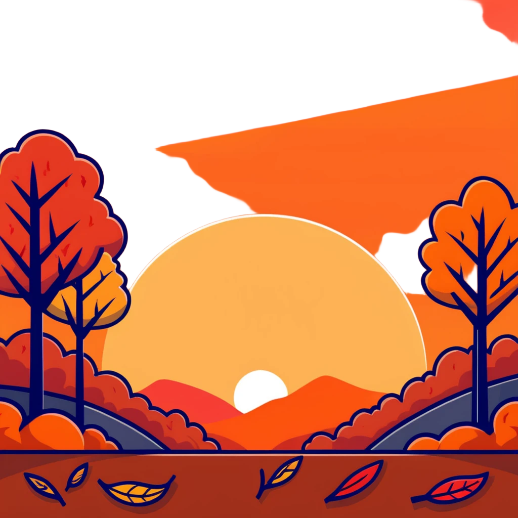 fall sunset with pumpkins, orange and red sky, falling leaves emoji