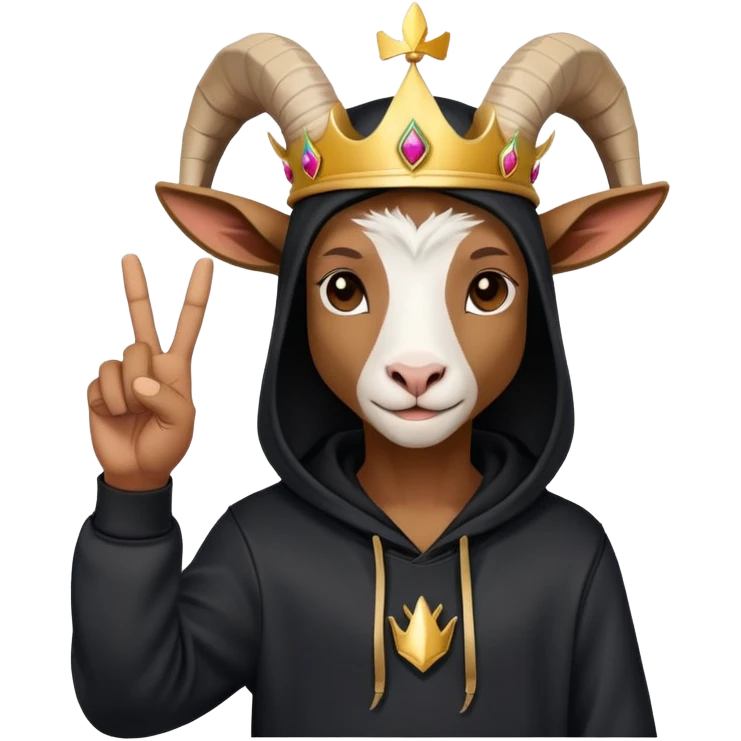Goat with horns wearing black hoodie and a royal crown do the peace sign emoji
