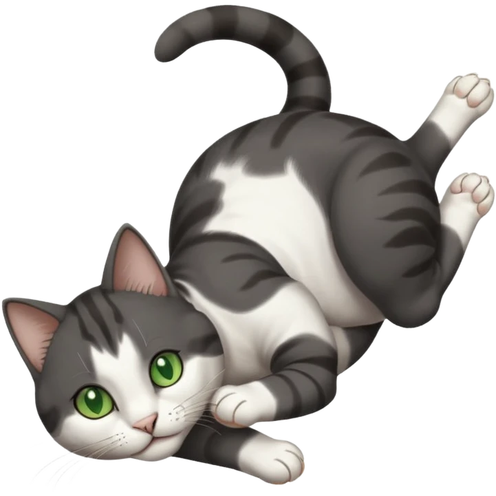 beautiful female solid dark grey cat with green eyes, white toes/paws and white patch on her chest playfully rolling upside down emoji