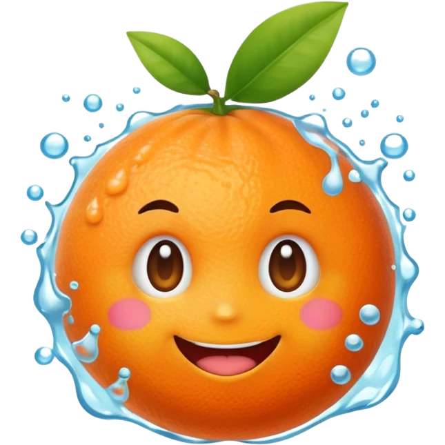 Cute emoji of a super-sweet mandarin orange with a fizzy soda-like feeling, juicy splash, bright orange color, happy expression, kawaii style, transparent background. emoji