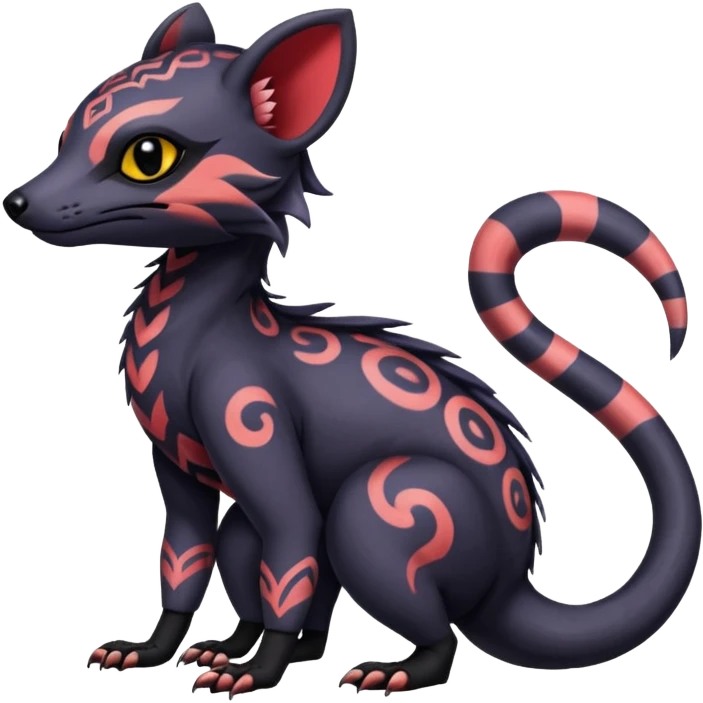 Rare warm-colored exotic gloomy tropical edgy cute epic aesthetic spooky  gothic colorful Salandit-Noibat-Civet-species-Fakemon-hybrid-creature, with tribal tattoo markings, full body emoji