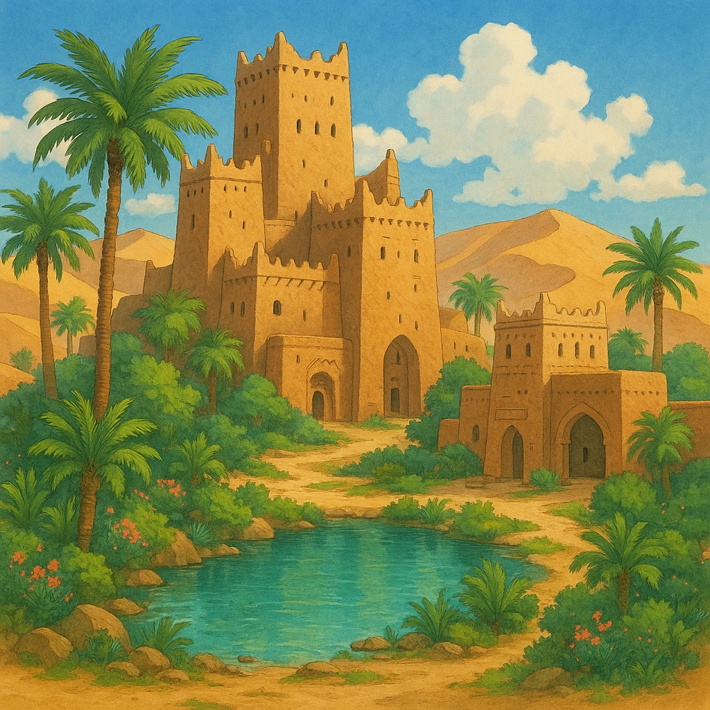 magical desert oasis and traditional architecture in Saudi Arabia emoji