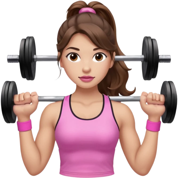 girl with wavy long ponytail brown hair, brown eyes, light to medium complexion, long lashes, light pink lipstick, wearing light pink shirt, lifting pink weights in a sports top emoji