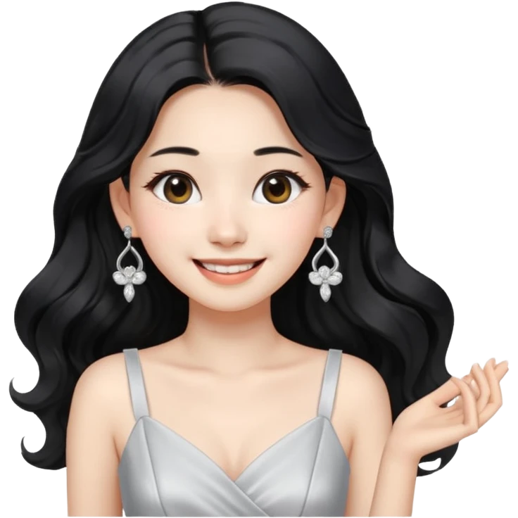 Korean 24-year-old female online shopping mall seller / white face / earrings / smiling expression / long wavy hair / influencer vibe / fashionable / black hair / silver earrings / white dress emoji