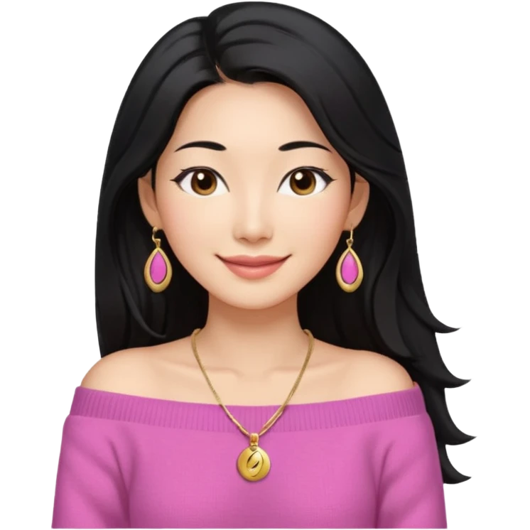 South Korean girl in her mid-thirties with long black hair with a middle part. She is wearing a pink, off the shoulder long sleeve knit sweater, extra small gold earrings and a gold necklace. She has brown eyes with narrow, mono lid shape and smiling with lips together emoji