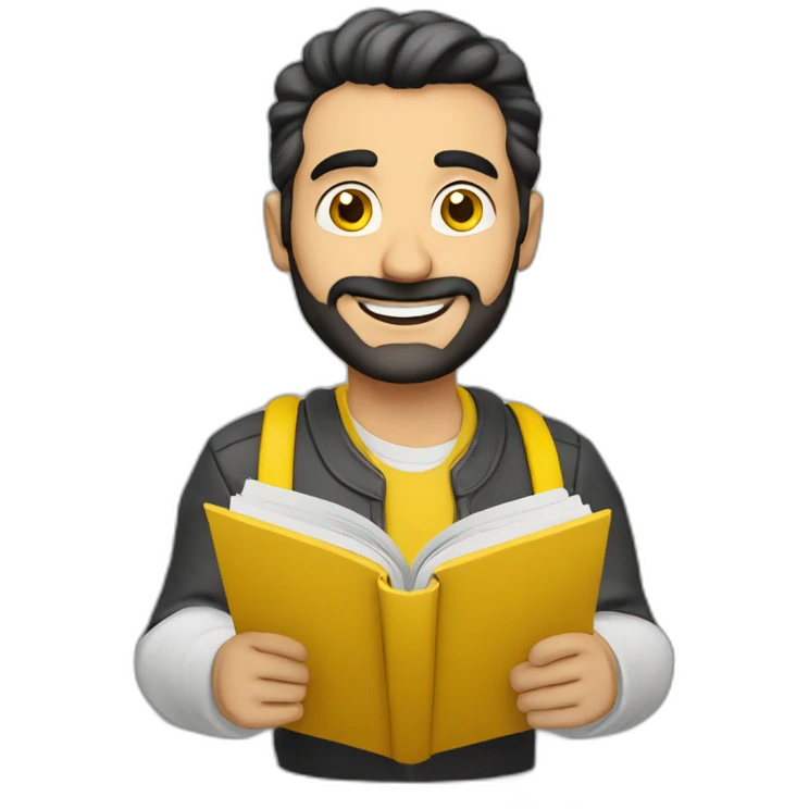 Armenian men with the yellow clouths reading book and looking at camera and smiling  emoji