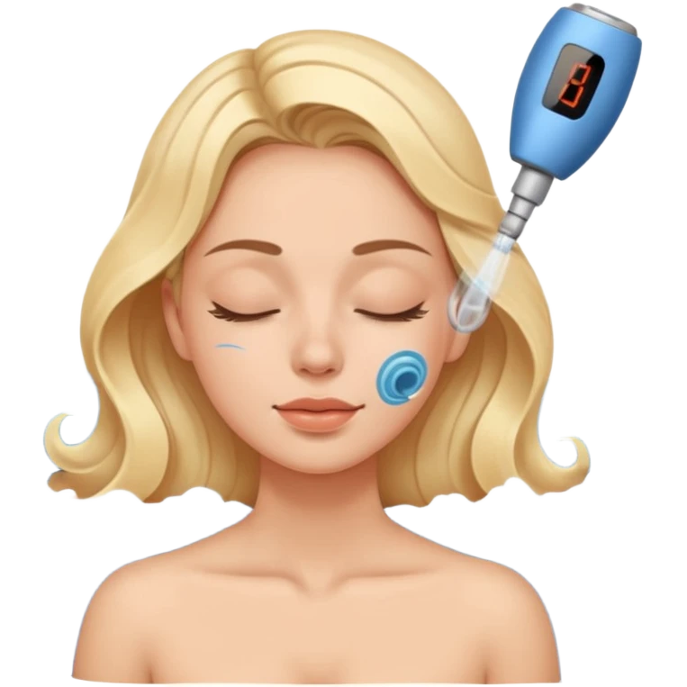 Emoji of a woman with eyes closed, getting an ultrasonic cavitation treatment on her cheek, blue waves showing vibration emoji