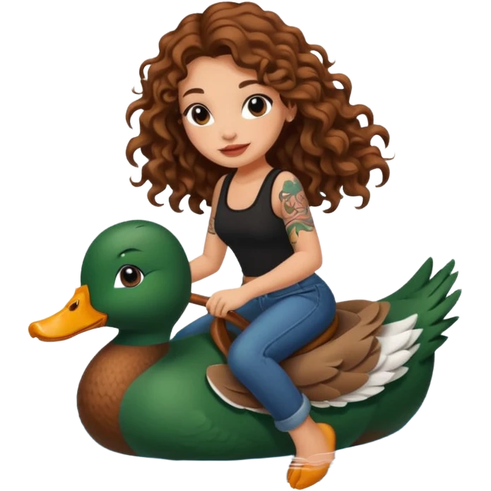 cute woman long curly brown hair tattoos riding duck through pond emoji