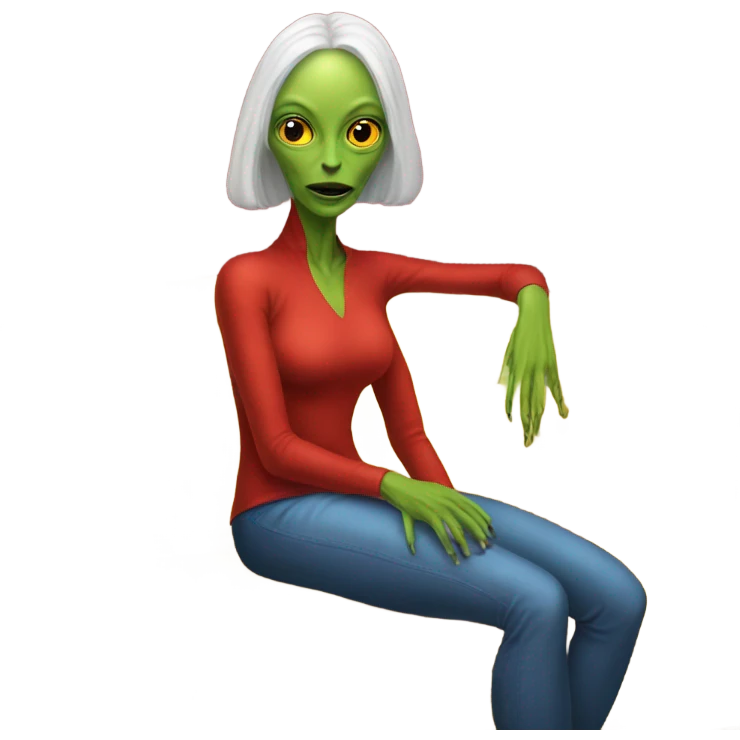 reptilian alien woman in red dress, sitting on a jellow couch  emoji