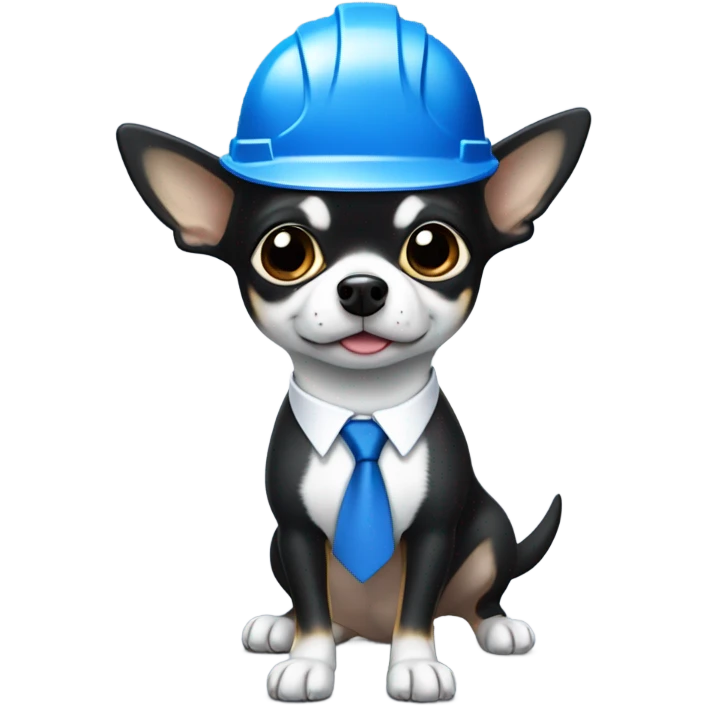 Black and white chihuahua that is running a large company and wears a blue suit with a blue tie and a hard hat and is at a skyscraper emoji