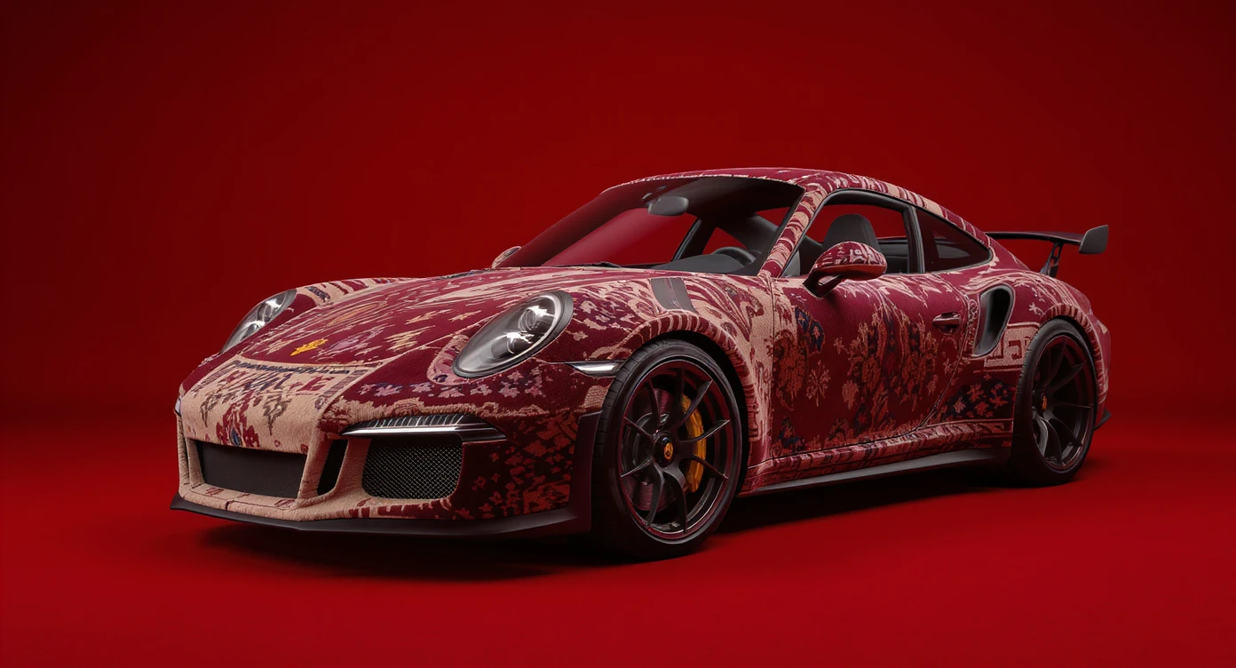 Closeup shot of a porsche 911, body of car made of russian carpet with patterns, red solid studio background, very dark room, top low key light, dutch angle, haze, captured by ARRI 65 emoji