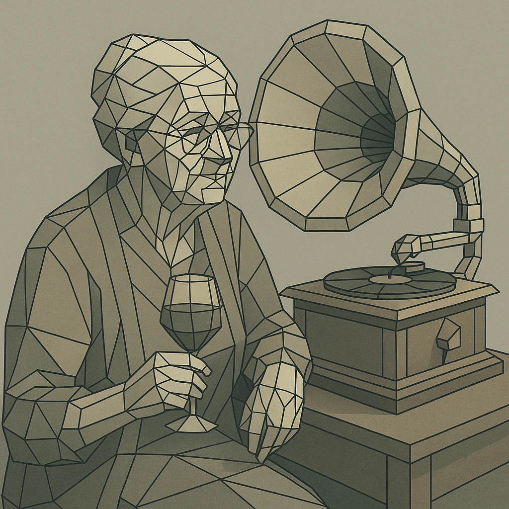 old lady with wineglass listening to gramophone emoji