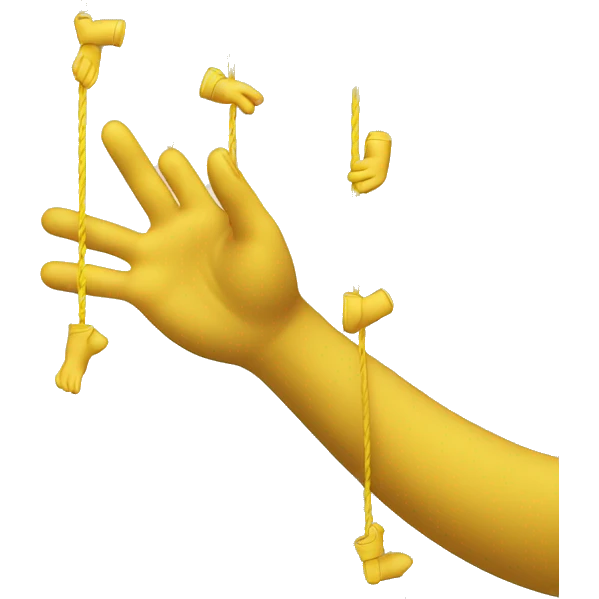 A hand with yellow skin holding several puppet strings, with the strings hanging down loosely. The hand is positioned above in a puppet-master gesture, showing control, but no figures or objects are attached to the strings. emoji