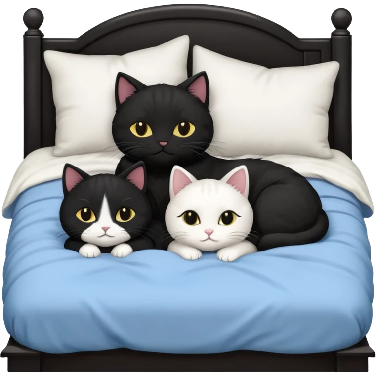 2 black cats and 1 black and white cat snuggled in bed  emoji