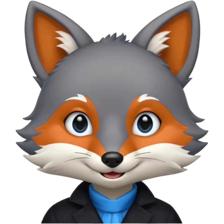 Grey anthropomorphic furry fox with a black coat, blue eyes, and a small fringe of black hair, smiling emoji