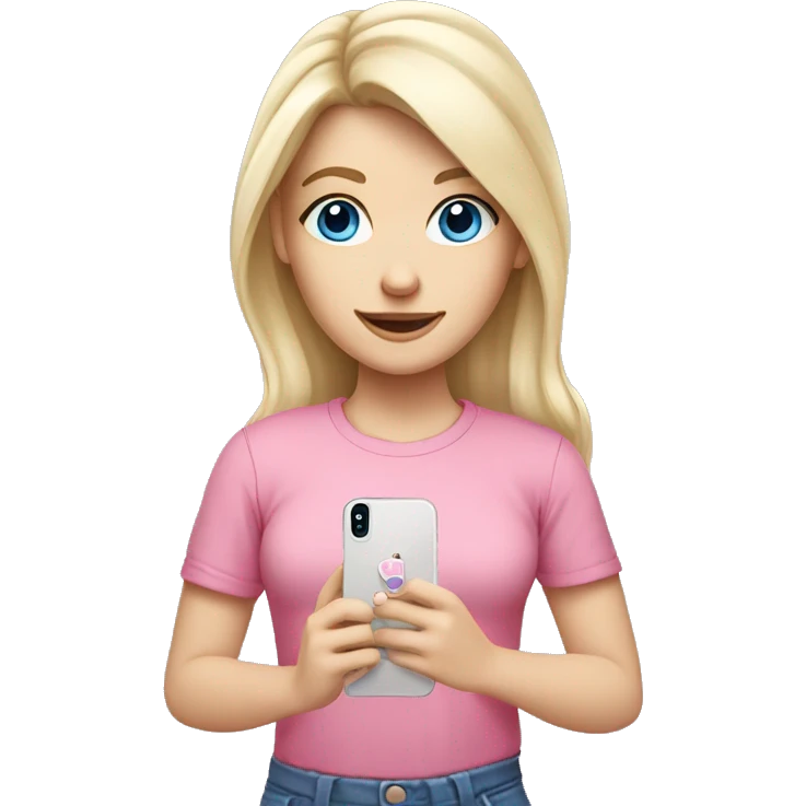 a blue eyed white blond hair girl wearing a pink shirt holding a pink iphone  emoji
