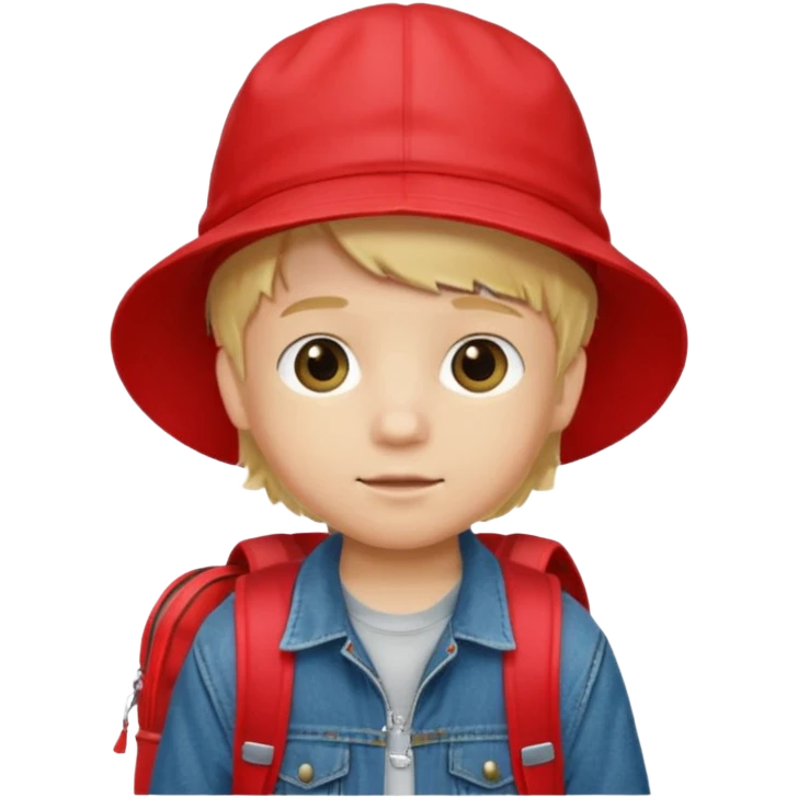 A little boy student, blonde hair, with red bucket hat, jean jacket, backpack emoji