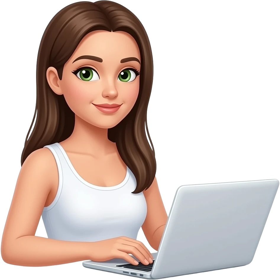 woman with smaller green eyes and long straight brown hair wearing a white tank top and working on a white laptop emoji