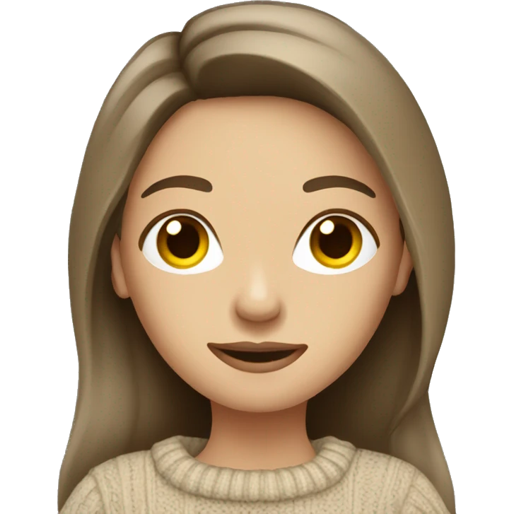 Brunette long hair women beige sweater with camera emoji