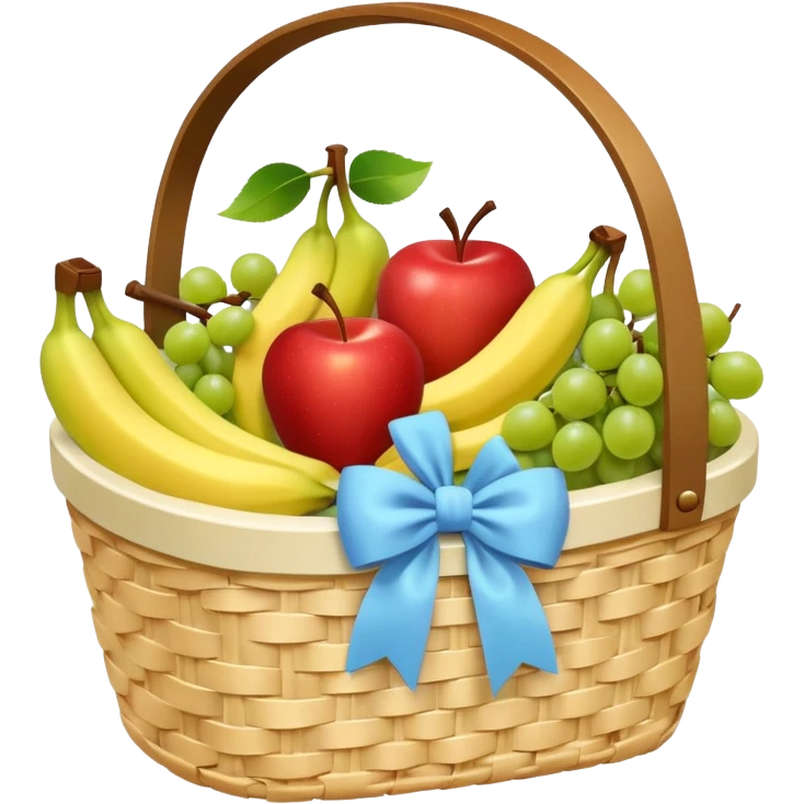 A white Picnic basket with pastel blue bow，filled with fruit emoji