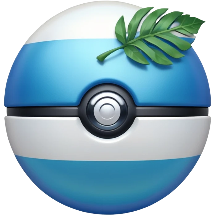 blue pokeball emoji, top half is a more saturated blue, bottom half is white, black stripe, with a white sheen, with a pearlescent finish, with a leaf effect emoji