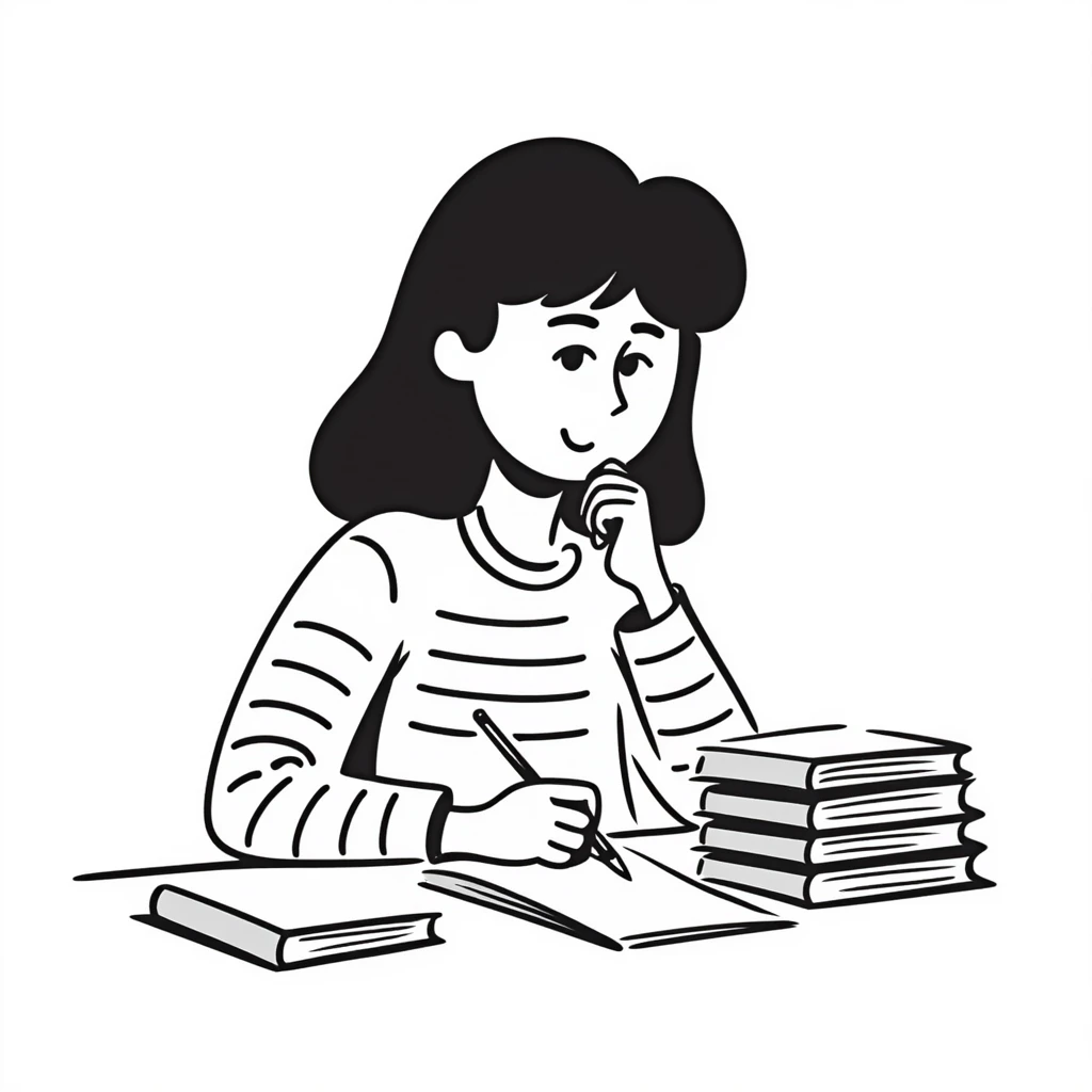 female student sitting at desk, taking notes, attentively listening to a lecture, focused expression emoji