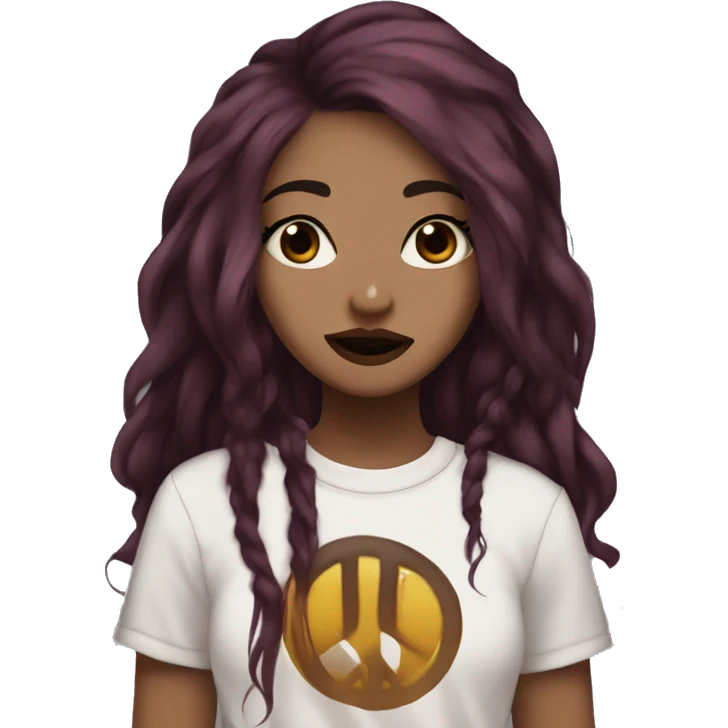 Beautiful girl with long dark maroon hair and a septum piercing, hazel colors eyes, wearing an emo shirt, making a peace sign and winking emoji