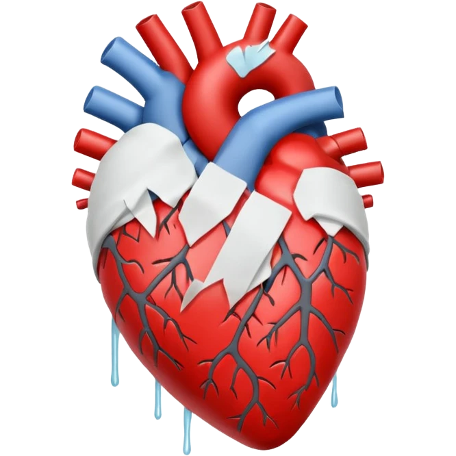 Un corazón humano roto de color gris con grietas  sangrando y expulsando sangre rodeado de vendas y tiritas que se despegan sin hacer efecto emoji