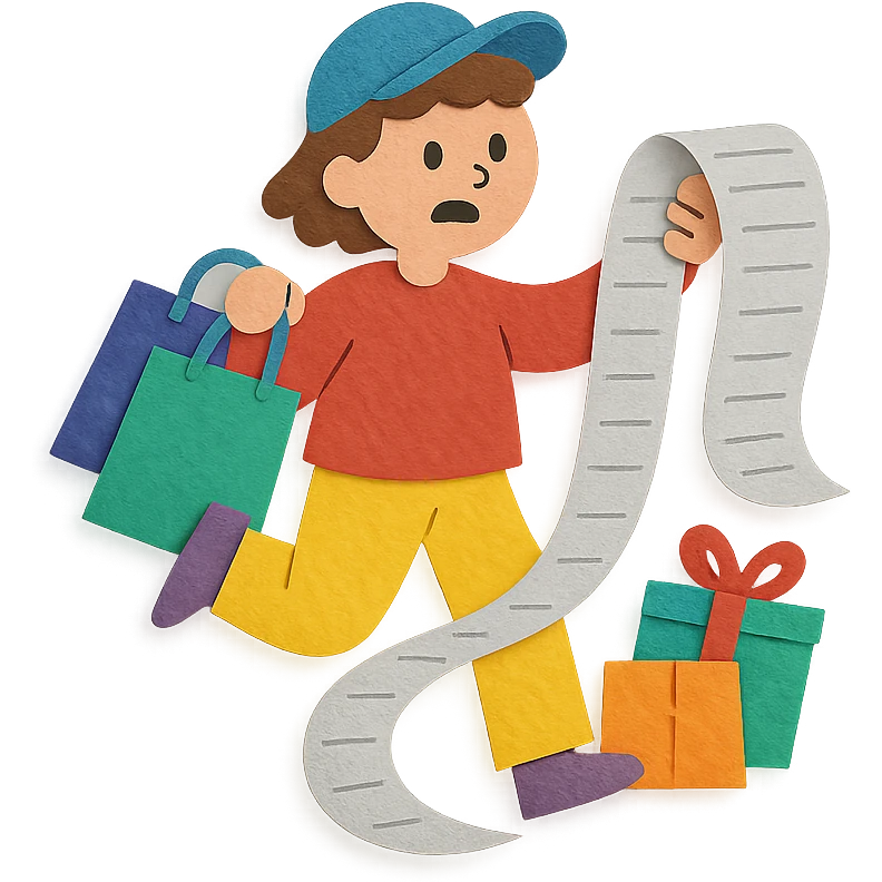 whimsical character with a comically long receipt, surrounded by shopping items, fun and excessive emoji