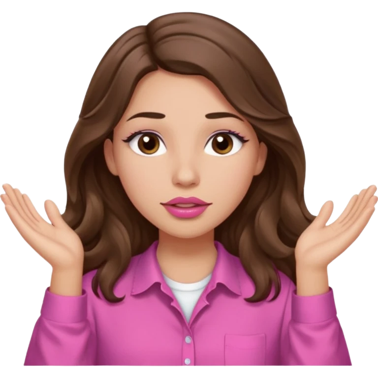 girl with long wavy brown hair, brown eyes, light to medium complexion, in a pink shirt, pink lips, long lashes, puckered lips, both hands all the way up for worship emoji