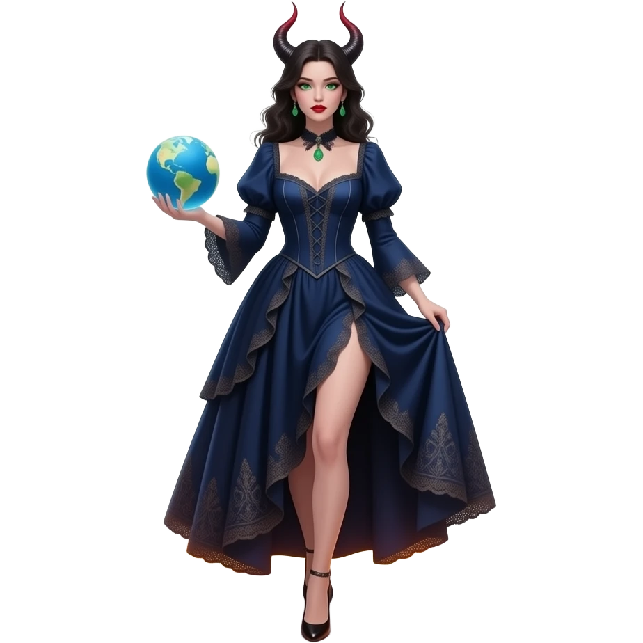 a seductive demonically beautiful woman in a long dark blue ornate Victorian dress with a deep neckline holds a radiant globe in her hand and steps out of a circle of fire emoji