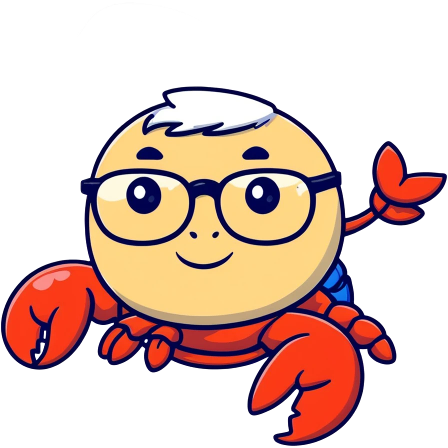 senior lobster with white hair and glasses, elderly lobster character with white eyebrows and whiskers, wearing round glasses emoji